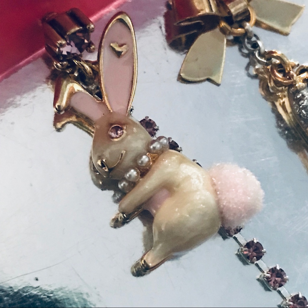 Snow Bunny Ski Playboy Earrings Vintage Betsey Johnson Winter Heart Crystal